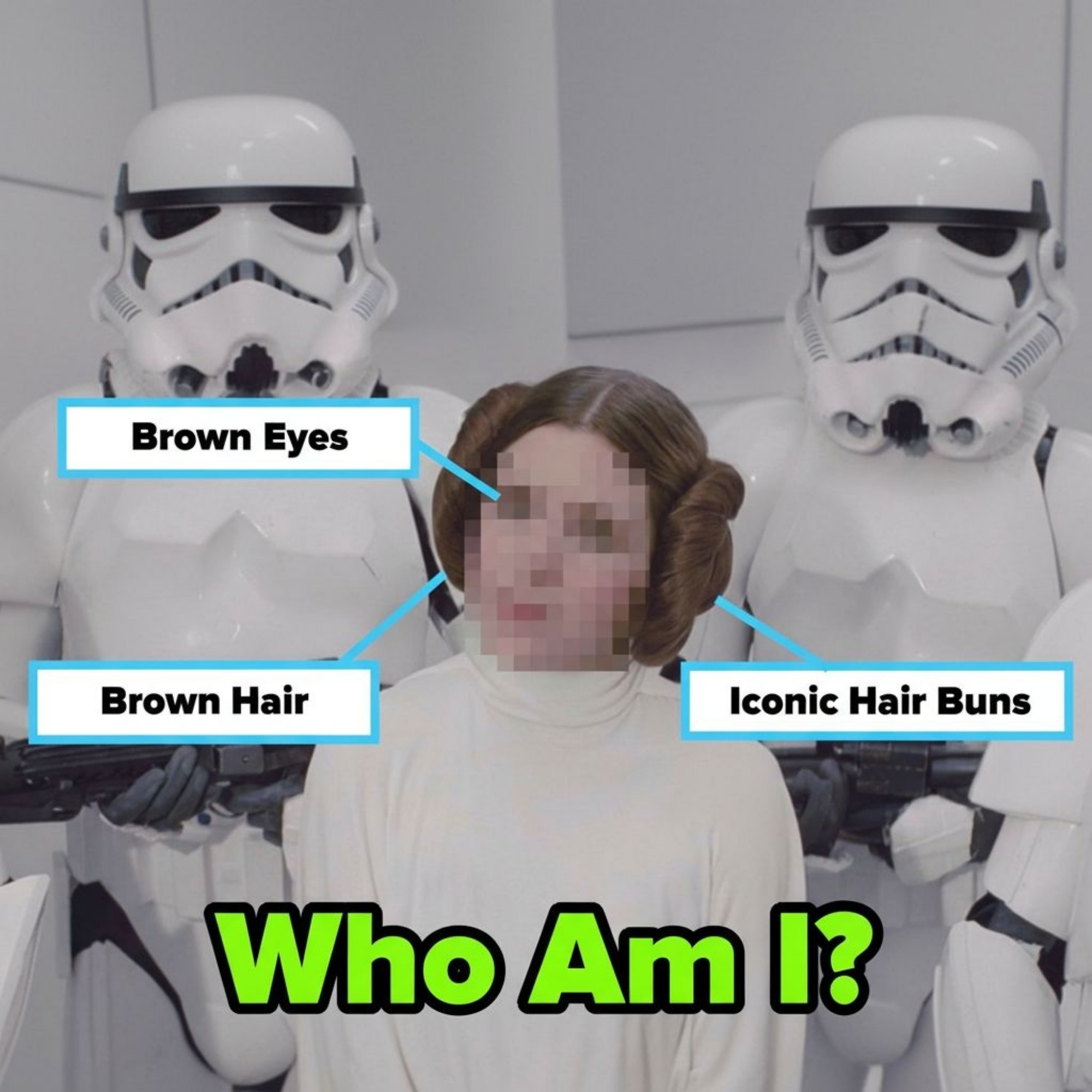 Person with iconic hair buns in a white outfit stands with stormtroopers; text says, "Who Am I?" with arrows pointing to eyes and hair
