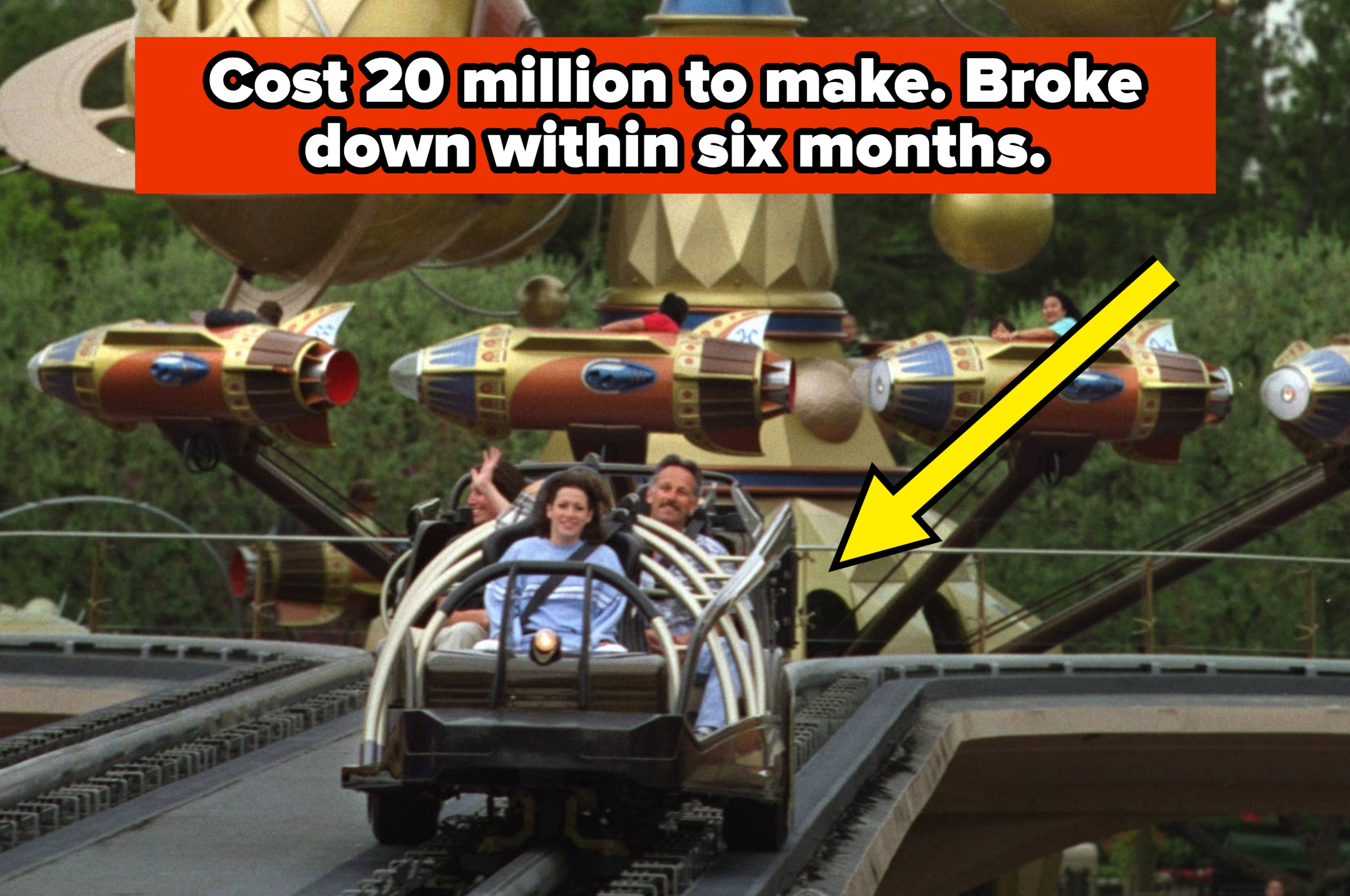 Image showing a Disneyland ride called Rocket Rods. It cost 20 million to make and broke down within two years, as highlighted in the text