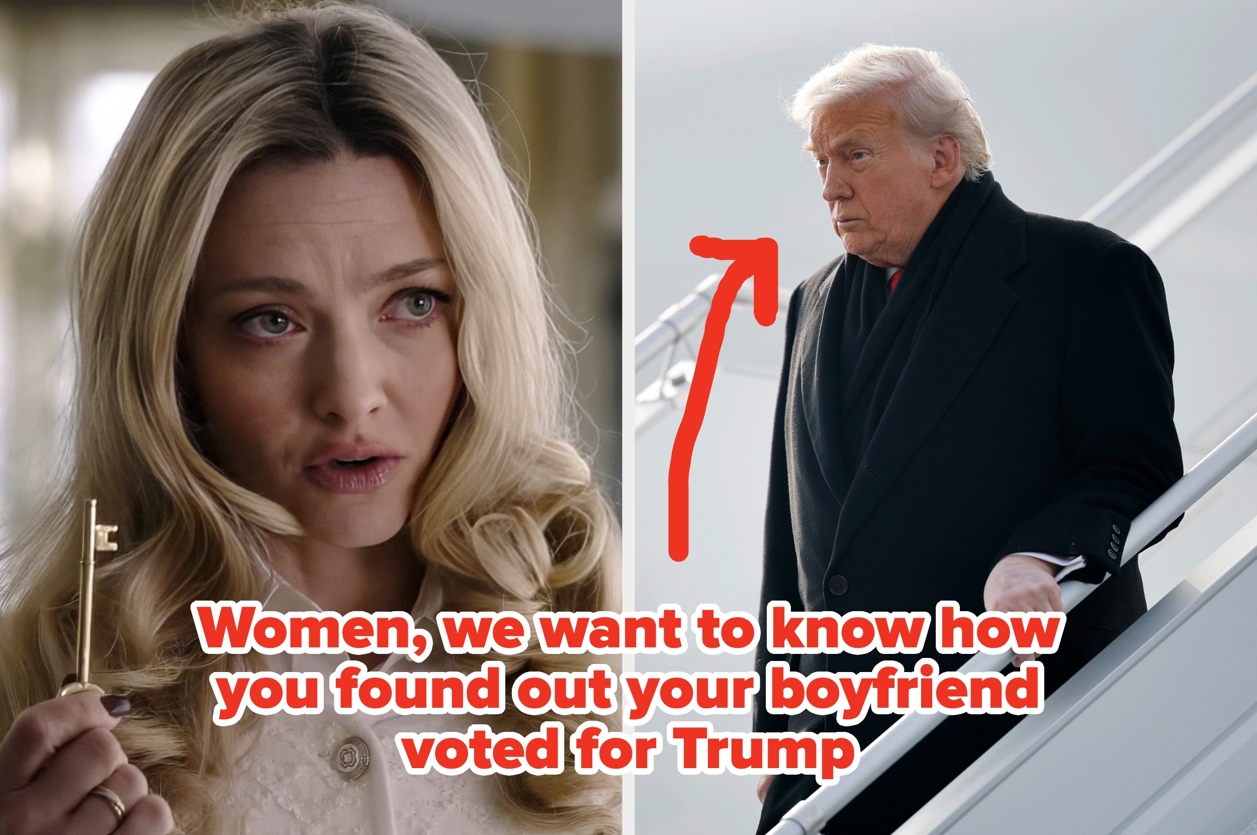 Woman holding a key with an inquisitive expression; text asks women how they discovered their boyfriend voted for Trump