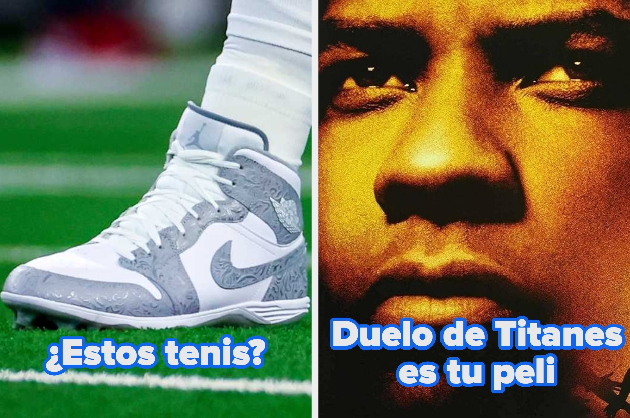 Close-up of a sneaker on the left. Right shows a movie poster with text "Duelo de Titanes es tu peli"