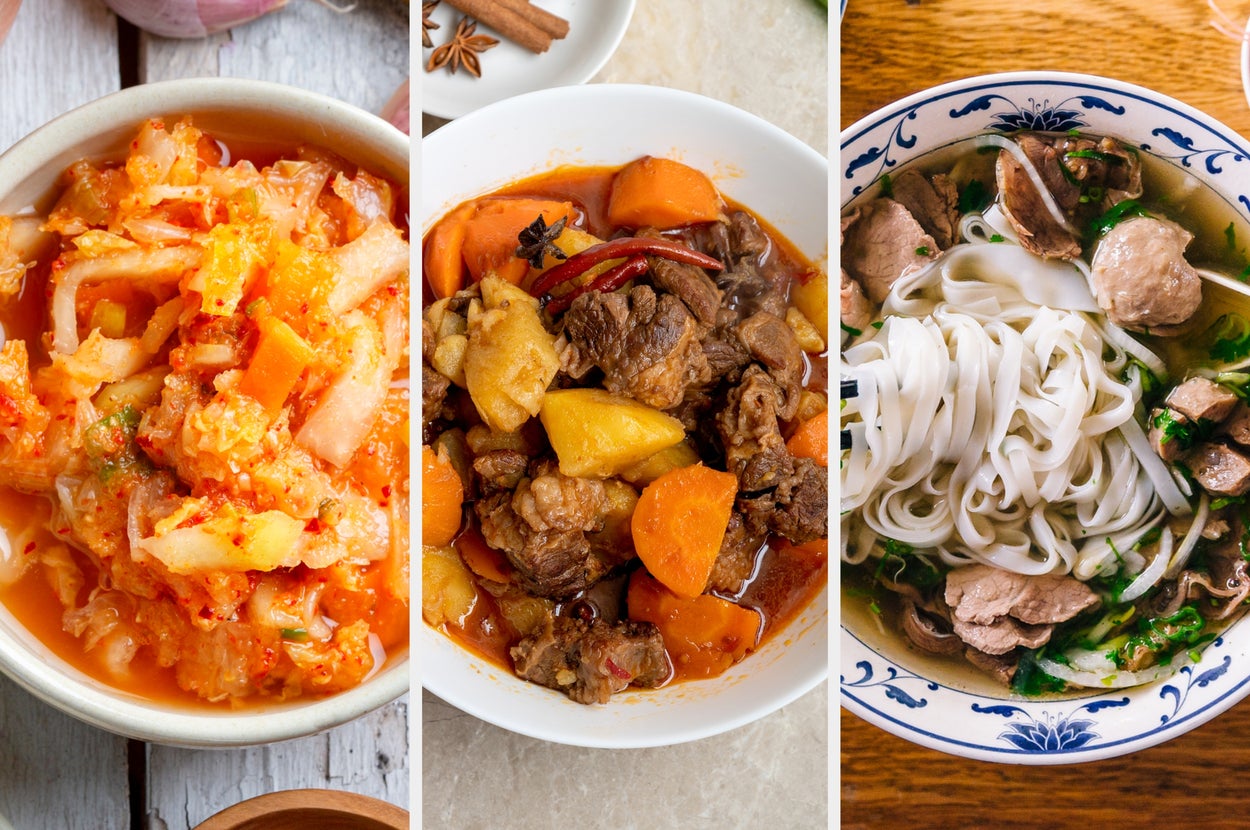 Three bowls of food: kimchi in a ceramic bowl, beef stew with carrots and potatoes, and a bowl of pho with noodles and herbs