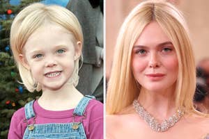 Two side-by-side photos of a child in overalls and an adult in glamorous attire with a sparkling necklace
