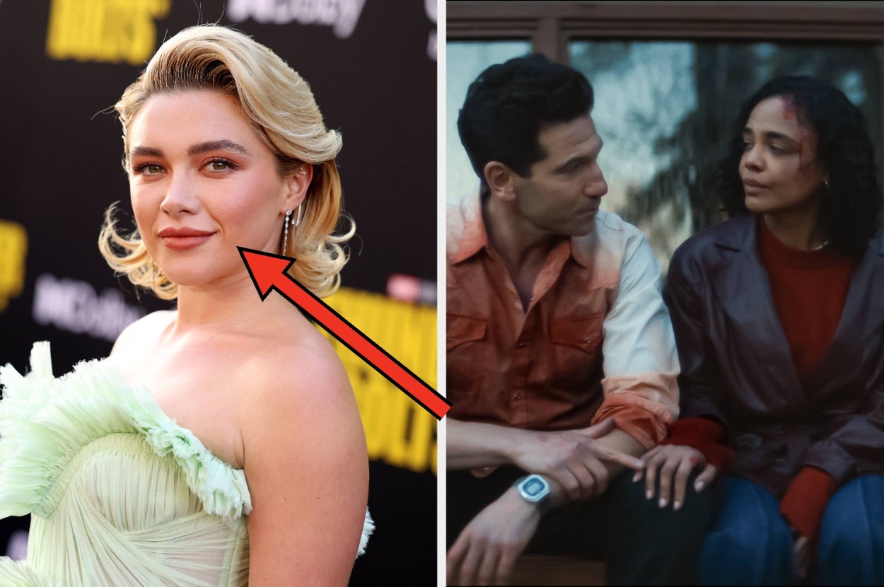 Person in a layered dress on the left; scene from a drama with two people sitting closely on the right