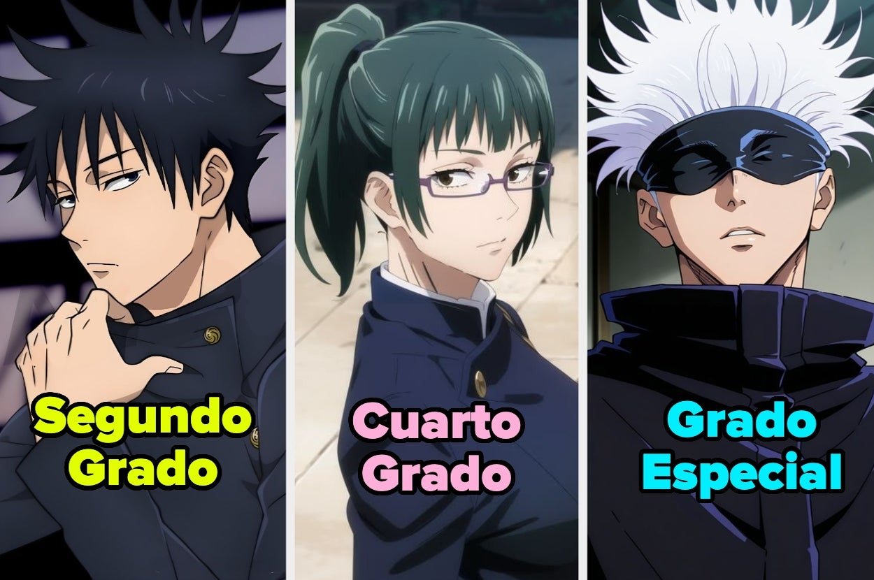 Tres personajes de anime, cada uno con una descripción de nivel de habilidad: segundo grado, cuarto grado y grado especial