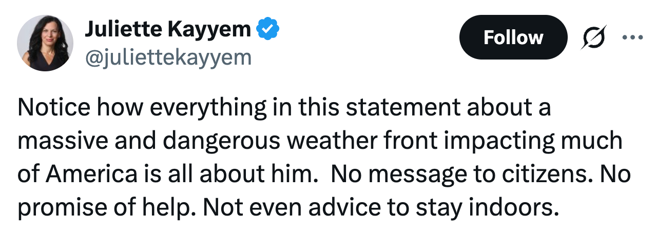 Tweet fra Juliette Kayyem som kritiserer en uttalelse om en farlig værfront, og bemerker fraværet av borgerfokuserte råd eller hjelp