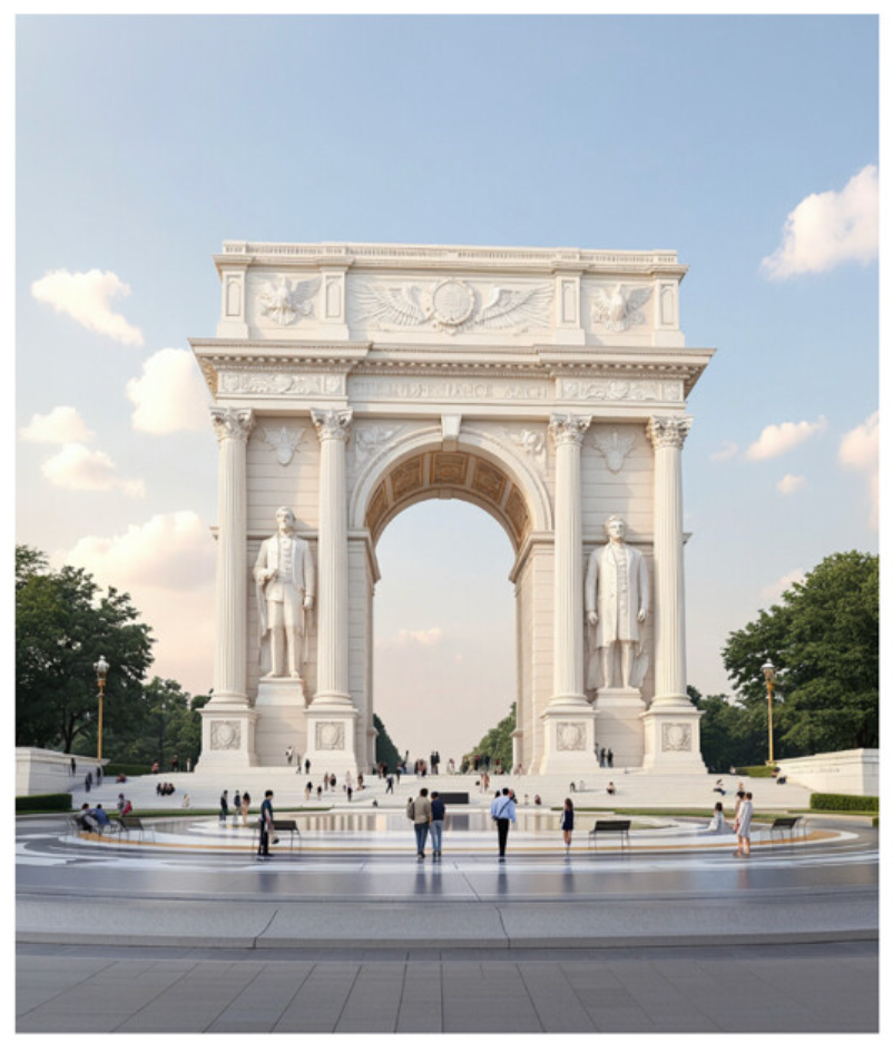 Monumental arch with statues and intricate carvings, surrounded by people on a wide plaza