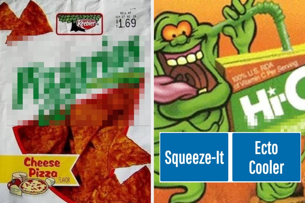 Two retro snacks: Keebler pizza-flavored chips and Hi-C Ecto Cooler drink, featuring playful package designs