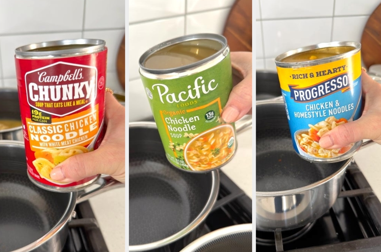 Three hands hold different chicken noodle soup cans from Campbell's, Pacific Foods, and Progresso over pots
