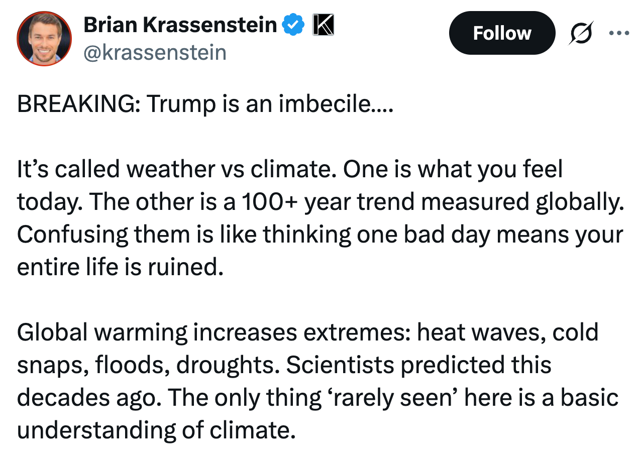 Det kalles vær vs klima. Den ene er hva du føler i dag. Den andre er en 100+ års trend målt globalt. Å forvirre dem er som å tenke at en dårlig dag betyr at hele livet ditt er ødelagt