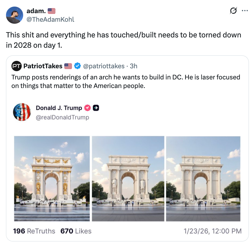 Tweet by user saying structures proposed by Trump should be torn down in 2028. Shows three images of arches