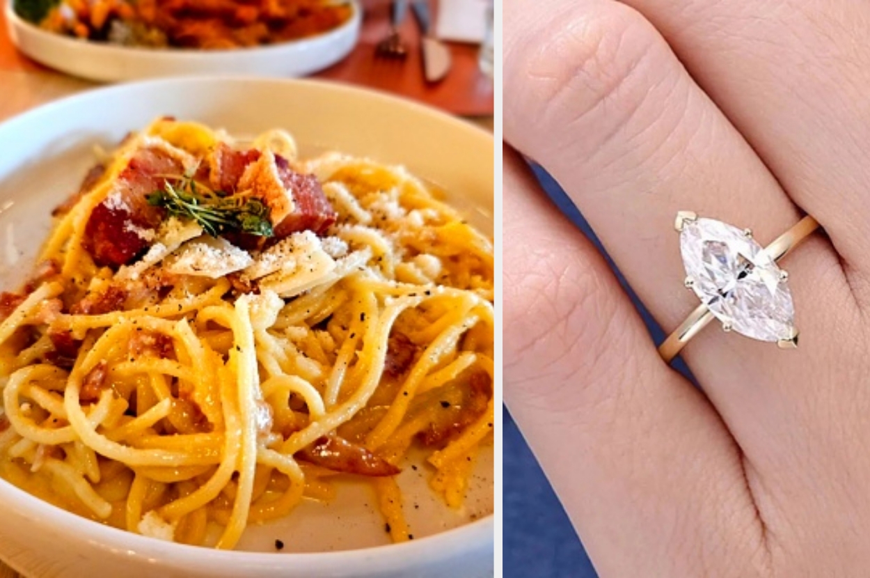 Pasta carbonara dish on the left and a close-up of a marquise-cut diamond ring on a hand on the right