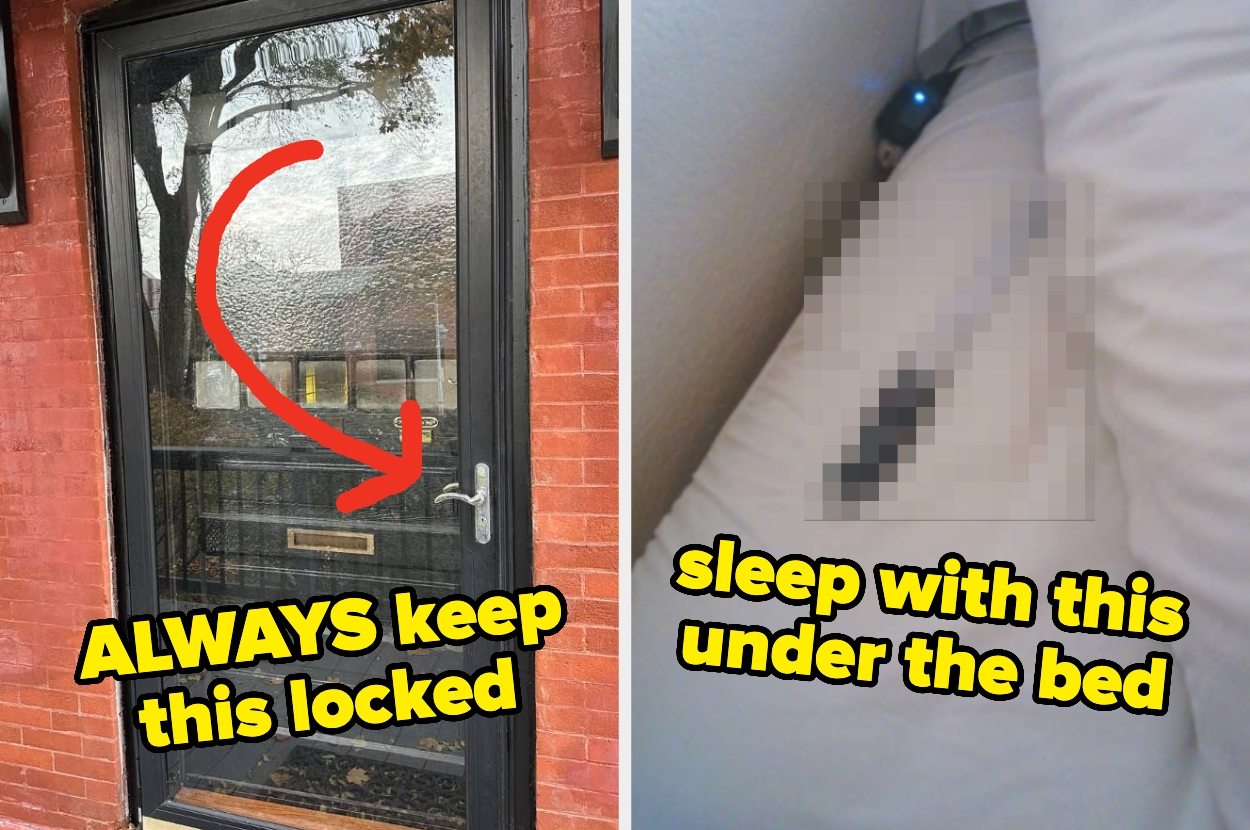 A locked door with a red arrow and text saying, "ALWAYS keep this locked." The right side shows text: "sleep with this under the bed."