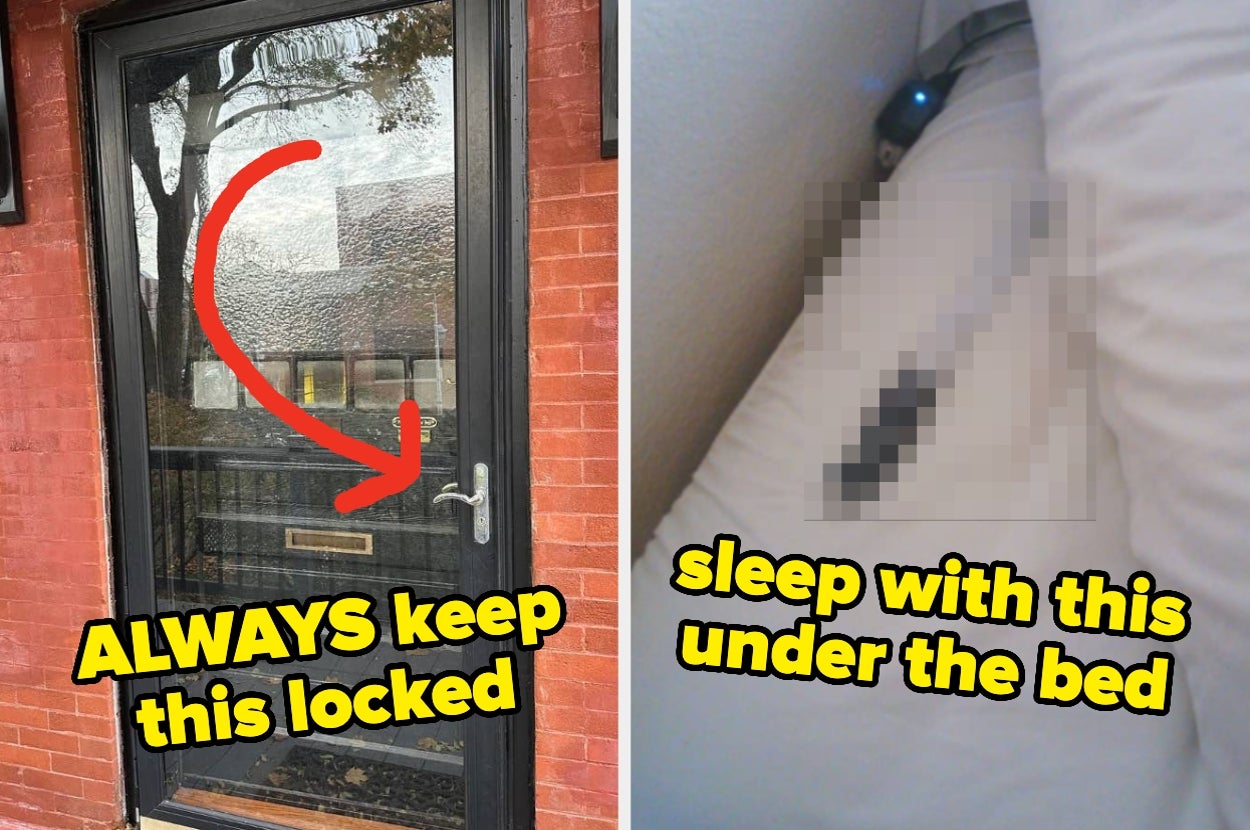 A locked door with a red arrow and text saying, "ALWAYS keep this locked." The right side shows text: "sleep with this under the bed."