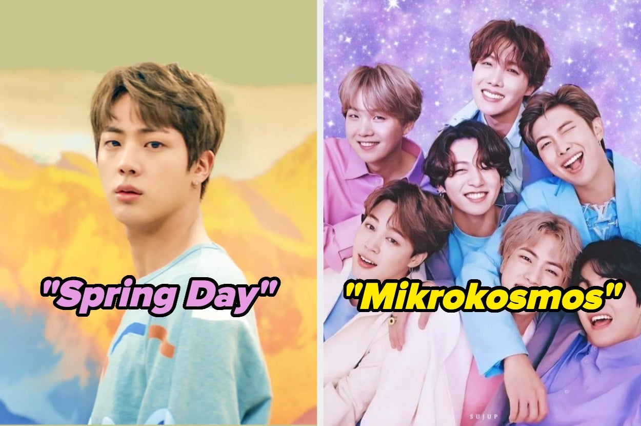 Dos imágenes: izquierda muestra a un joven con fondo de montaña y "Spring Day"; derecha, siete jóvenes sonrientes con "Mikrokosmos"