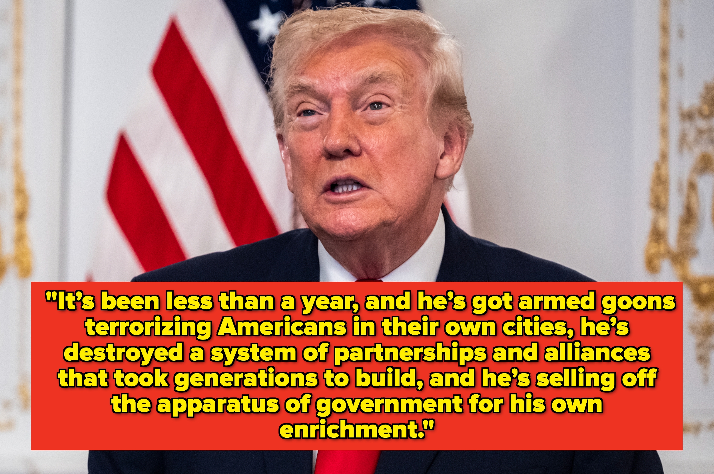 A person gives a speech with an intense expression. Text in the image accuses a leader of corruption and undermining international alliances