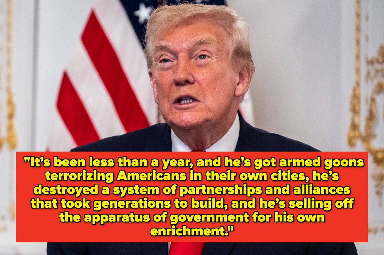 A person gives a speech with an intense expression. Text in the image accuses a leader of corruption and undermining international alliances