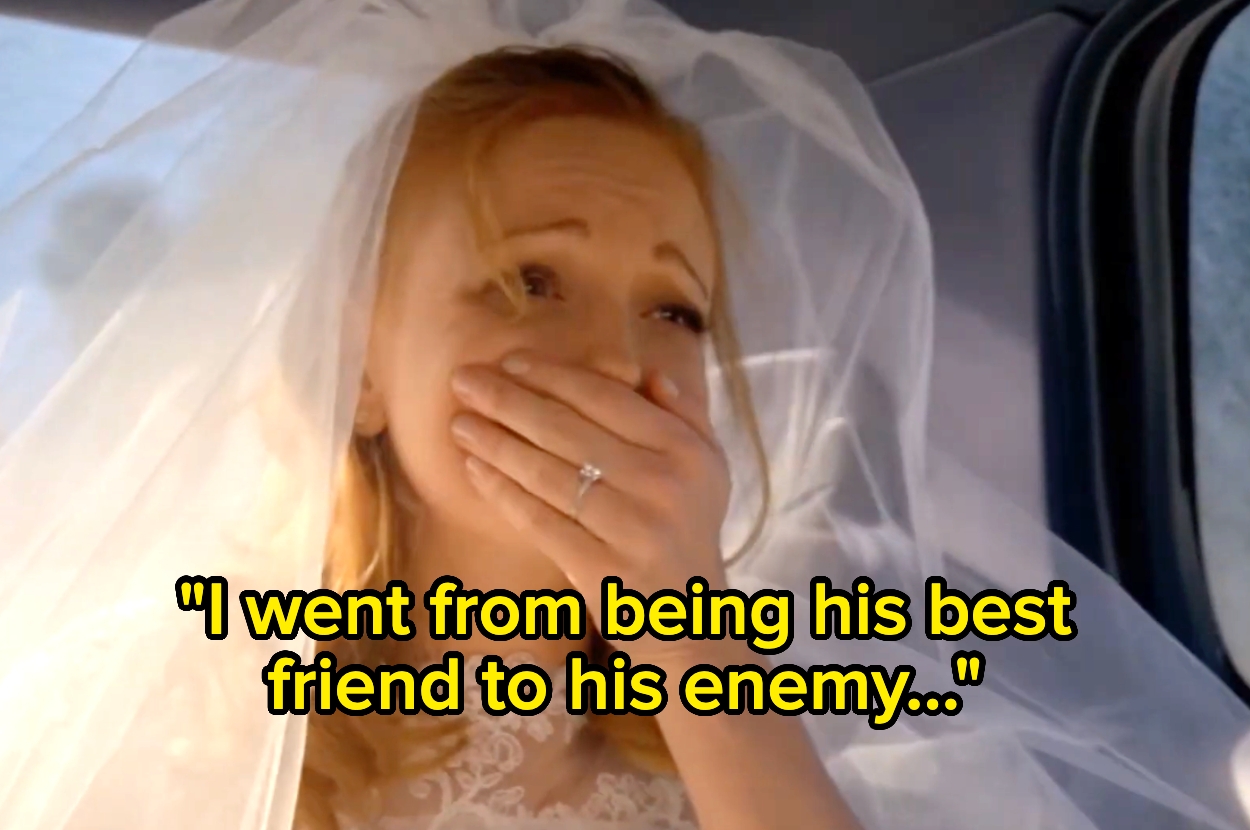 Bride in a wedding dress looks emotional in a car, hand over mouth. Text reads, "I went from being his best friend to his enemy..."