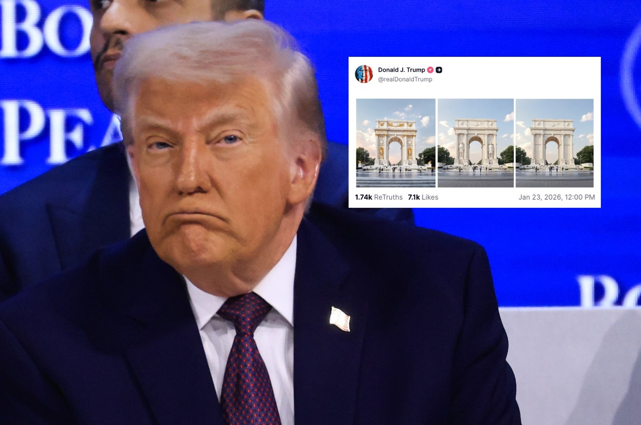 A person sitting with a neutral expression at an event; inset shows a tweet with multiple images of an ancient arch structure