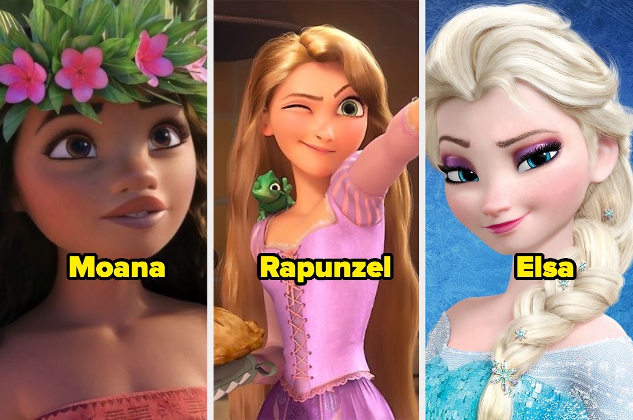 Moana, Rapunzel y Elsa de Disney, cada una en su propio cuadro, mostrando expresiones alegres y siendo personajes de películas animadas reconocidas