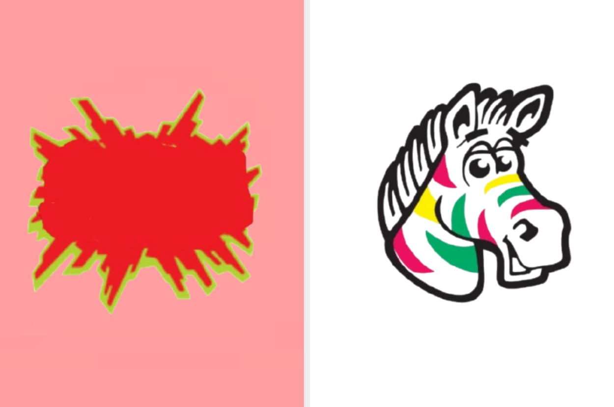 Abstract red splash shape on the left; cartoon zebra head with colorful stripes on the right