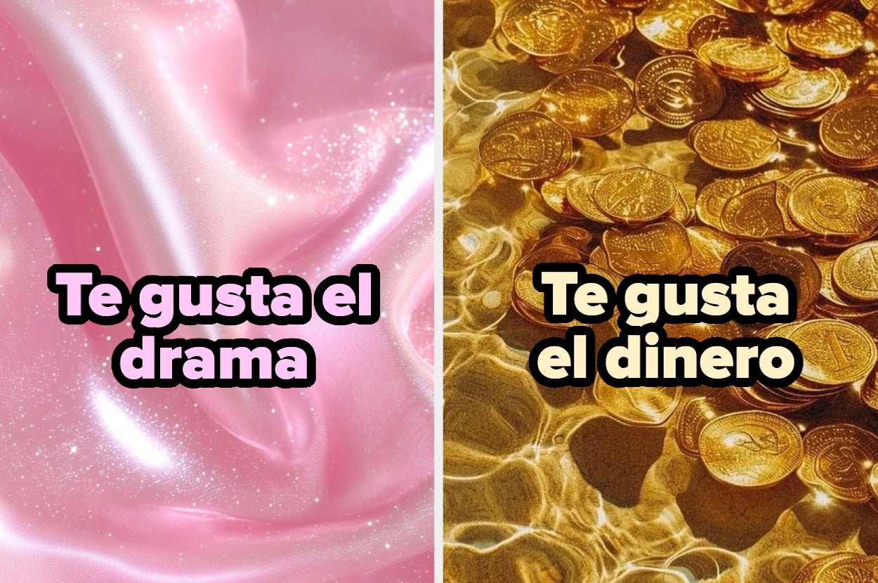 Dos imágenes comparativas: la primera dice "Te gusta el drama" sobre un fondo ondulado, la segunda "Te gusta el dinero" encima de monedas