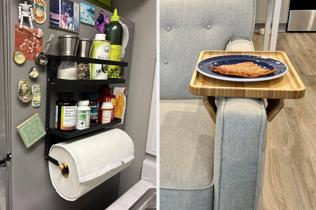 Left: Kitchen fridge with shelves holding jars, bottles, and a paper towel roll. Right: Pizza slice on a small wooden table attached to a gray sofa