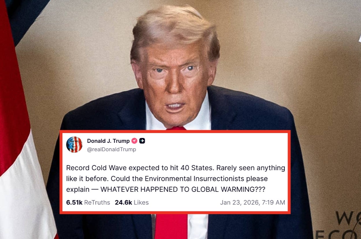 Person speaking with a tweet overlay about a record cold wave and questioning global warming