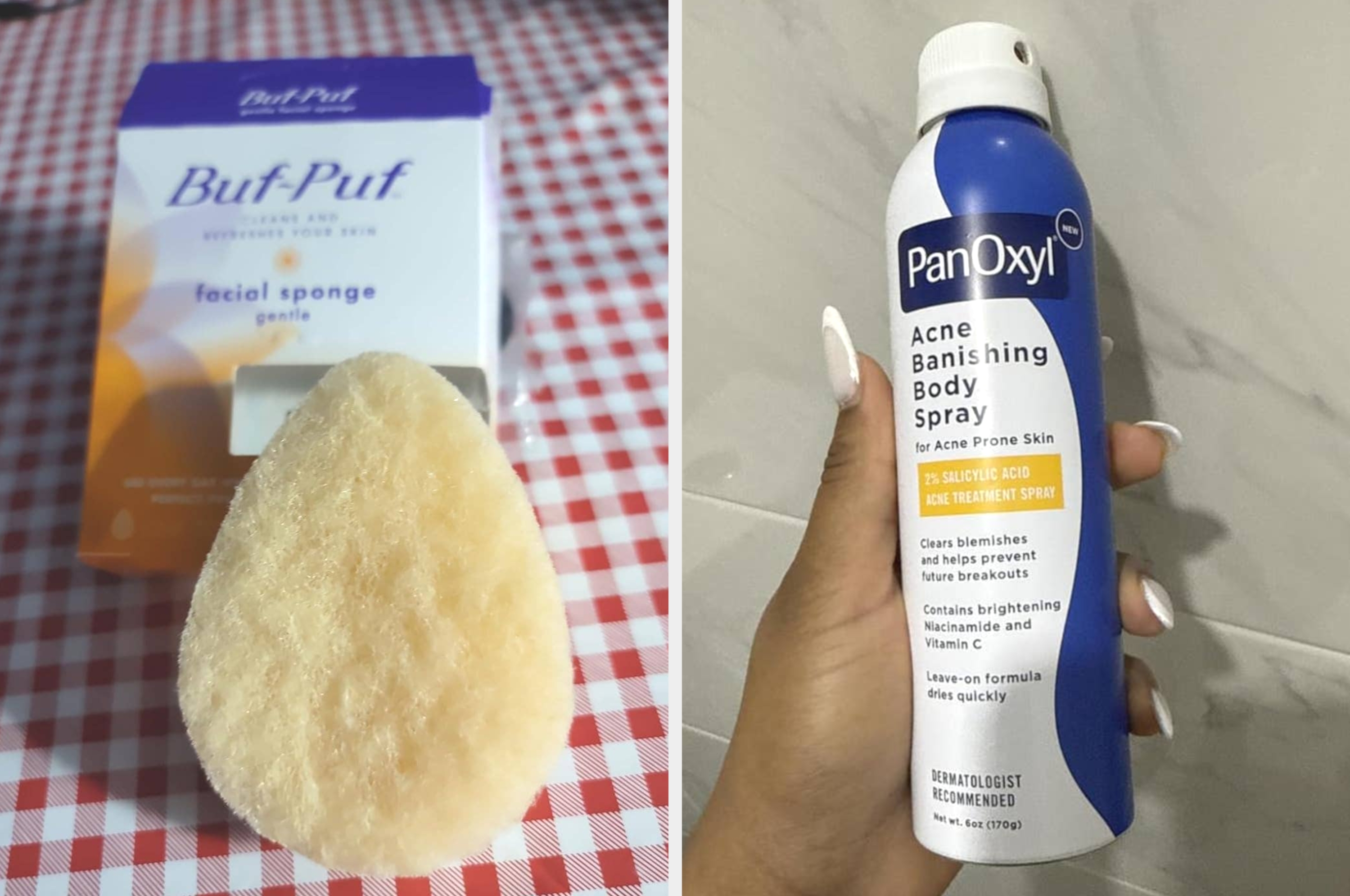 left: opened Buf-Puf leaning against the packaging; right: reviewer holding a can of PanOxyl Acne Banishing Body Spray