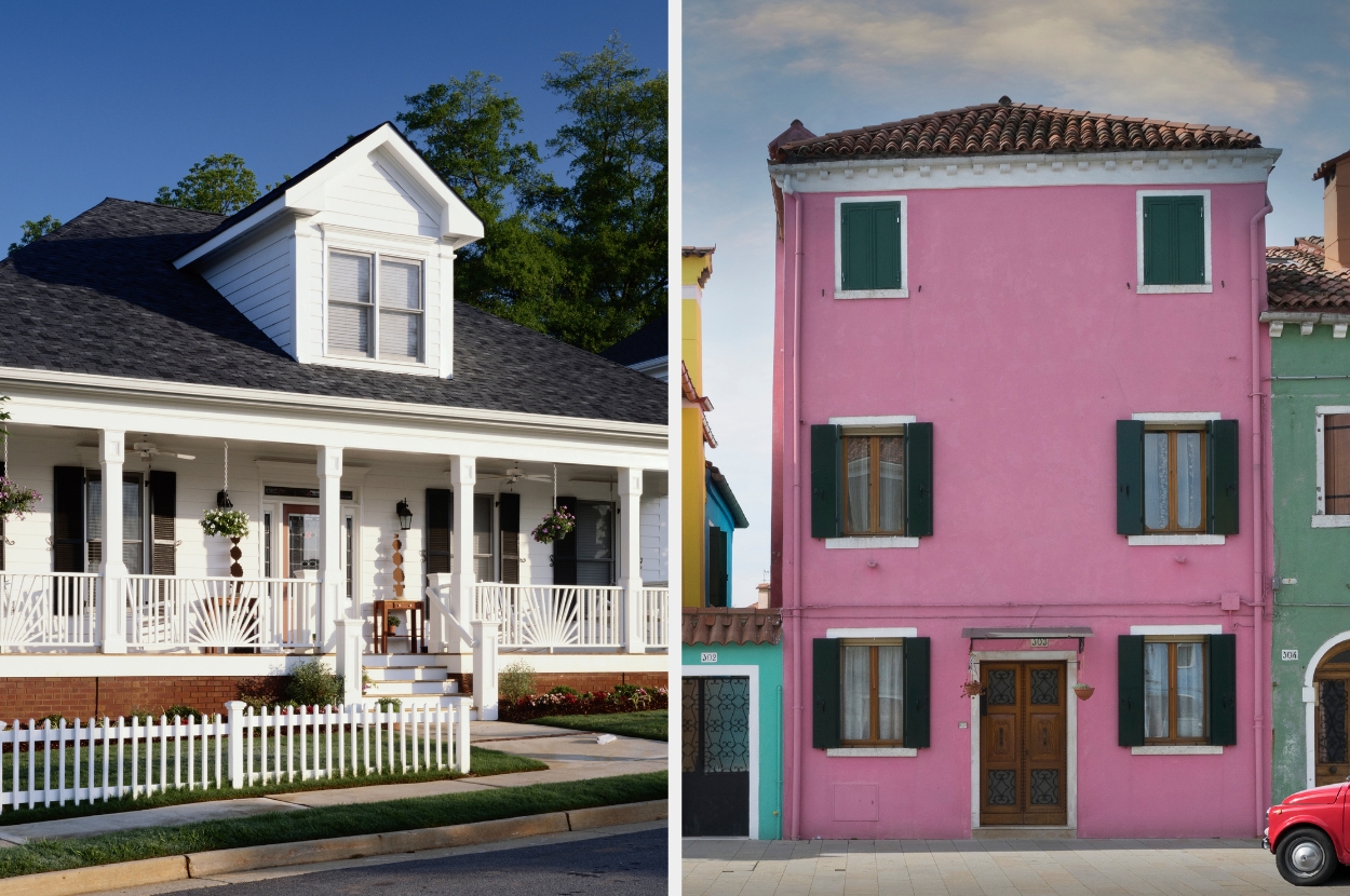 Two houses side by side; left is a classic porch-front home, right is a tall, narrow house with shutters