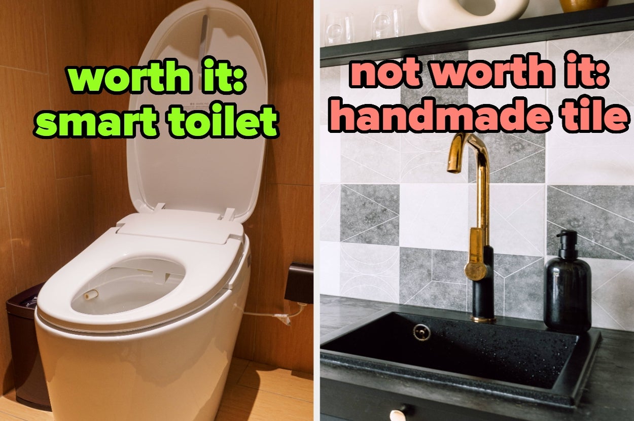Split image comparing a smart toilet as "worth it" with a bathroom sink featuring handmade tile as "not worth it."