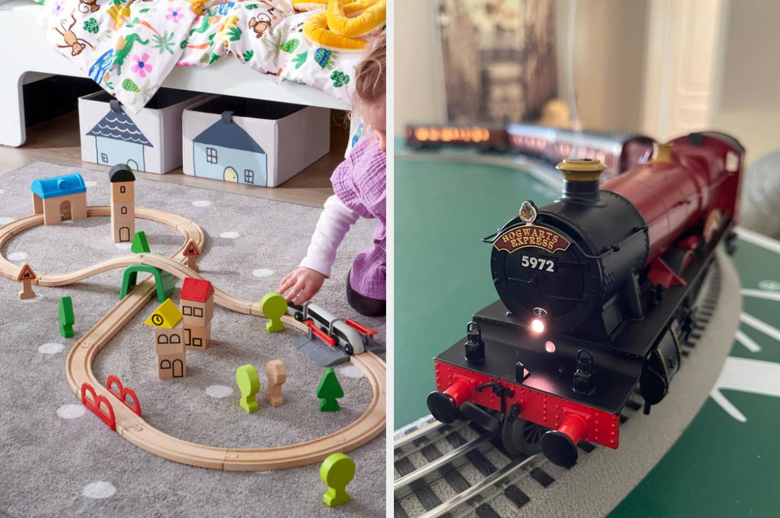 Child playing with wooden train set next to a toy train on a track beside a Christmas tree