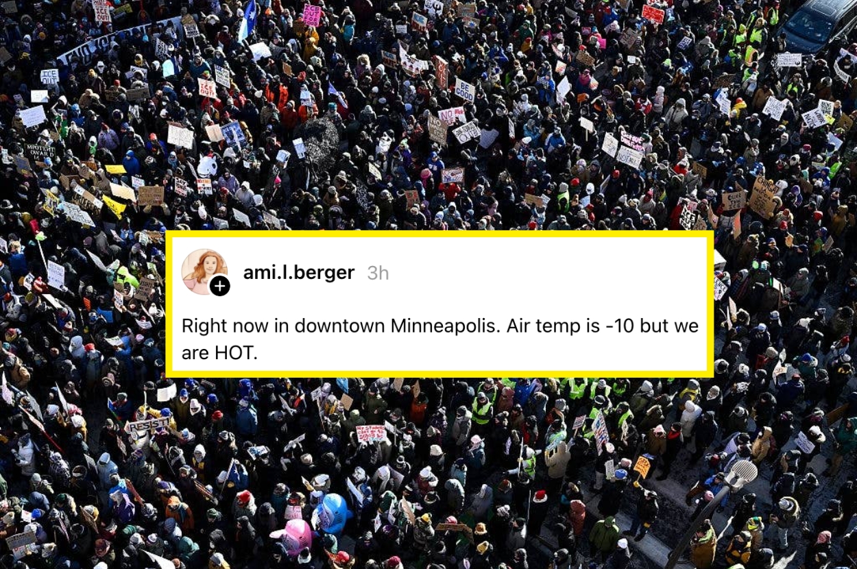 A large crowd gathers in downtown Minneapolis. Overlaid text humorously contrasts the -10° air temperature with the crowd's energy