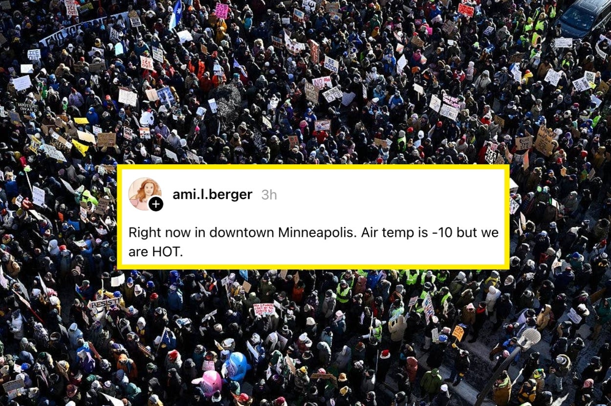 A large crowd gathers in downtown Minneapolis. Overlaid text humorously contrasts the -10° air temperature with the crowd's energy