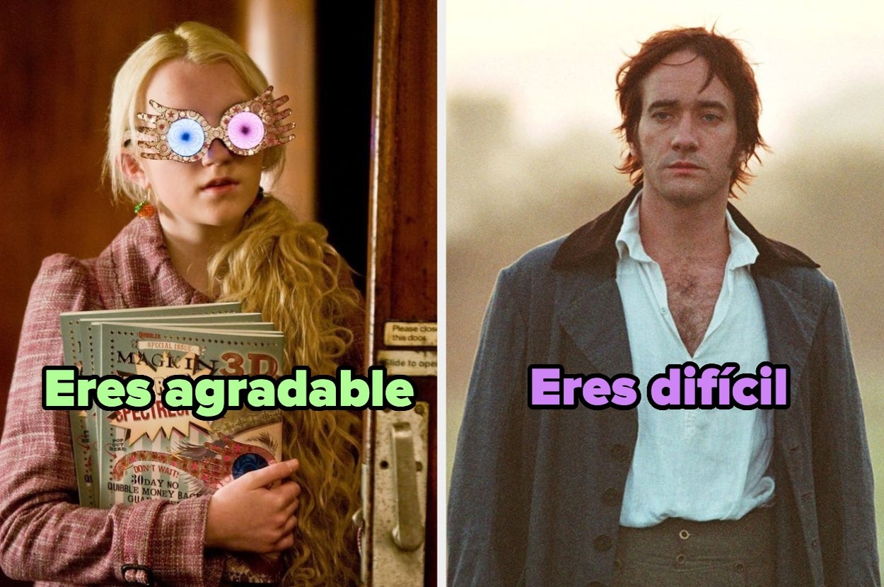 Dos personajes de películas diferentes, uno con gafas excéntricas y revistas, y otro con ropa antigua. Texto: "Eres agradable" y "Eres difícil"