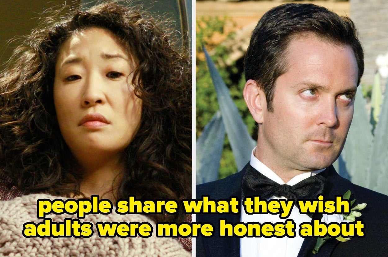 Split image of a woman with curly hair under a blanket and a man in a tux standing outdoors, text overlay: "people share what they wish adults were more honest about"