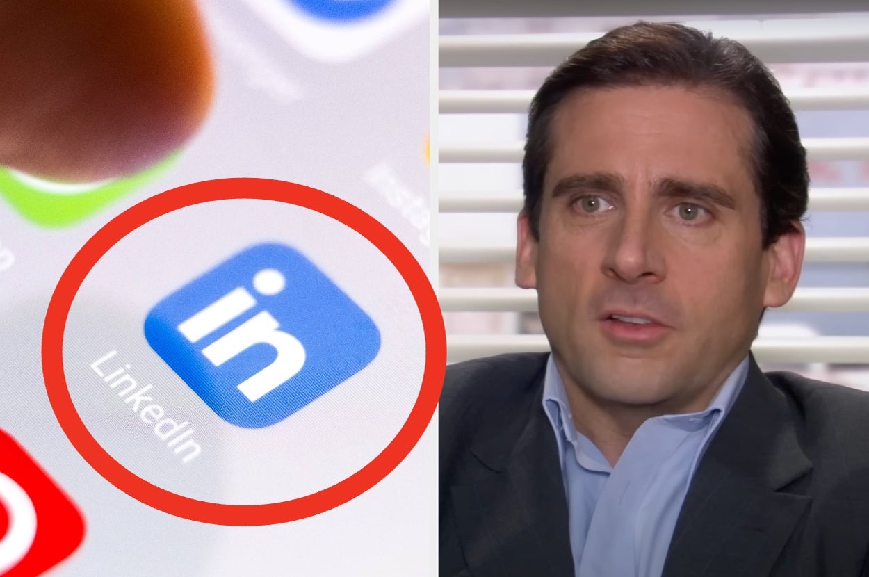 LinkedIn app icon on phone next to man in suit looking worried, often associated with career-related stress