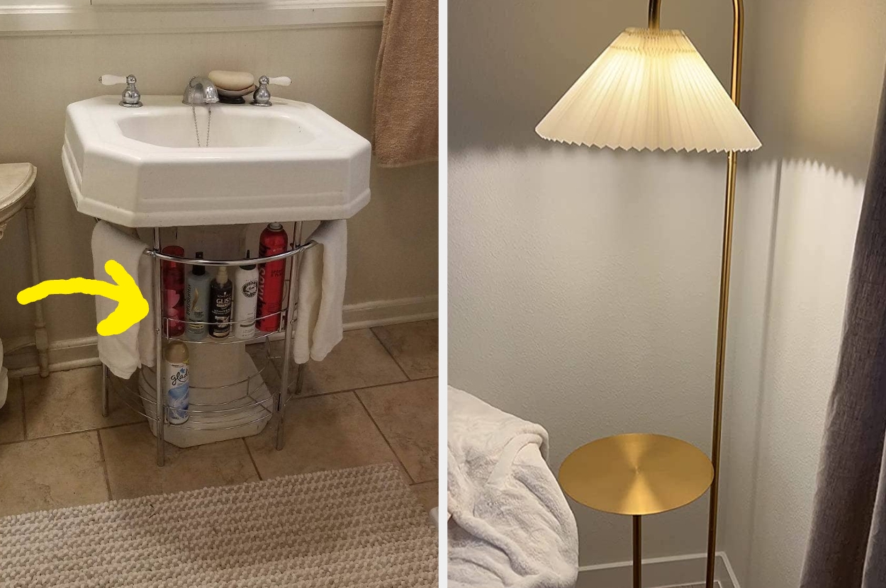 Bathroom sink with caddy holding toiletries. Highlight on one item. Beside, a modern floor lamp with pleated shade and small table