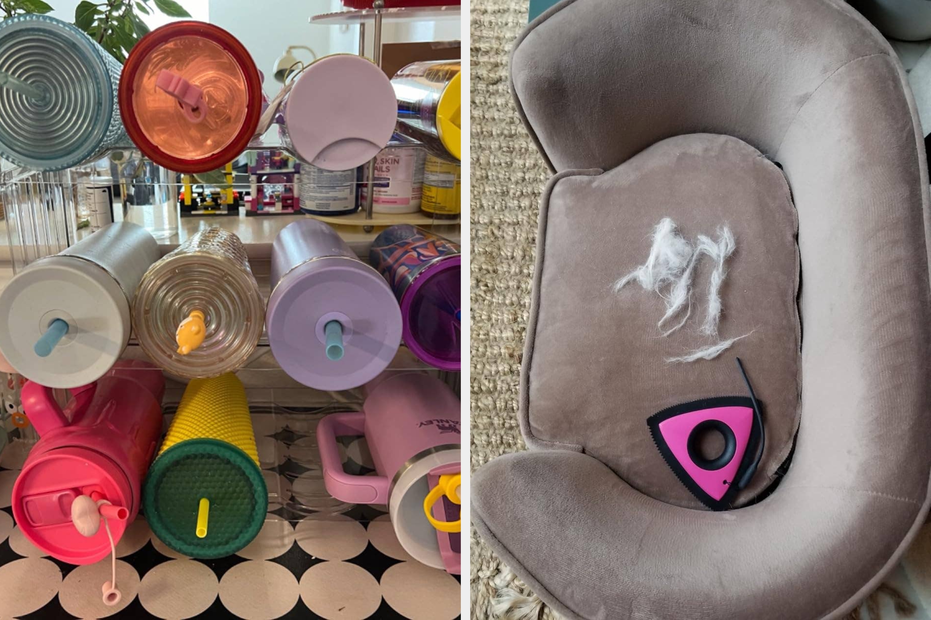 Wall-mounted bottle display with various plastic jugs on the left; on the right, a plush chair with pet hair and a small pink pet brush