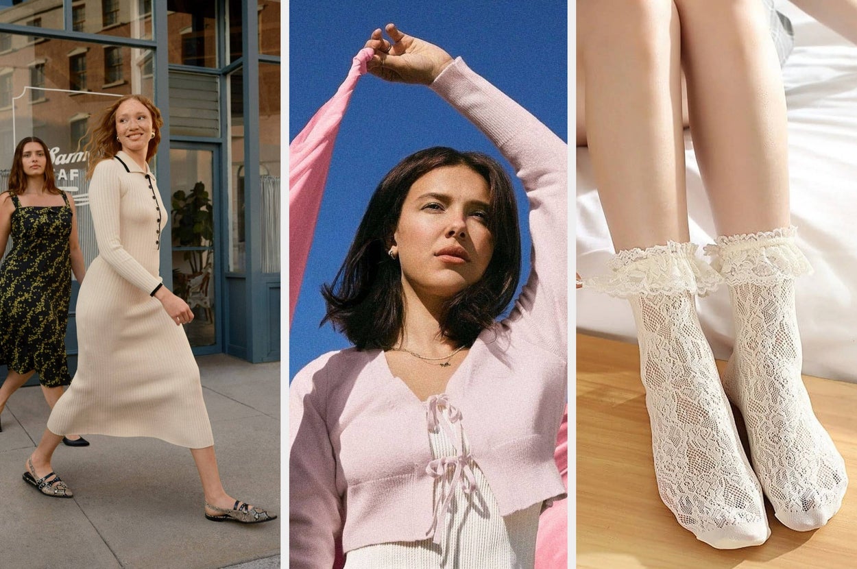 Three women modeling different outfits: one in a floral jacket, another in a denim dress, and the third in jeans with pink bow accents near the hem