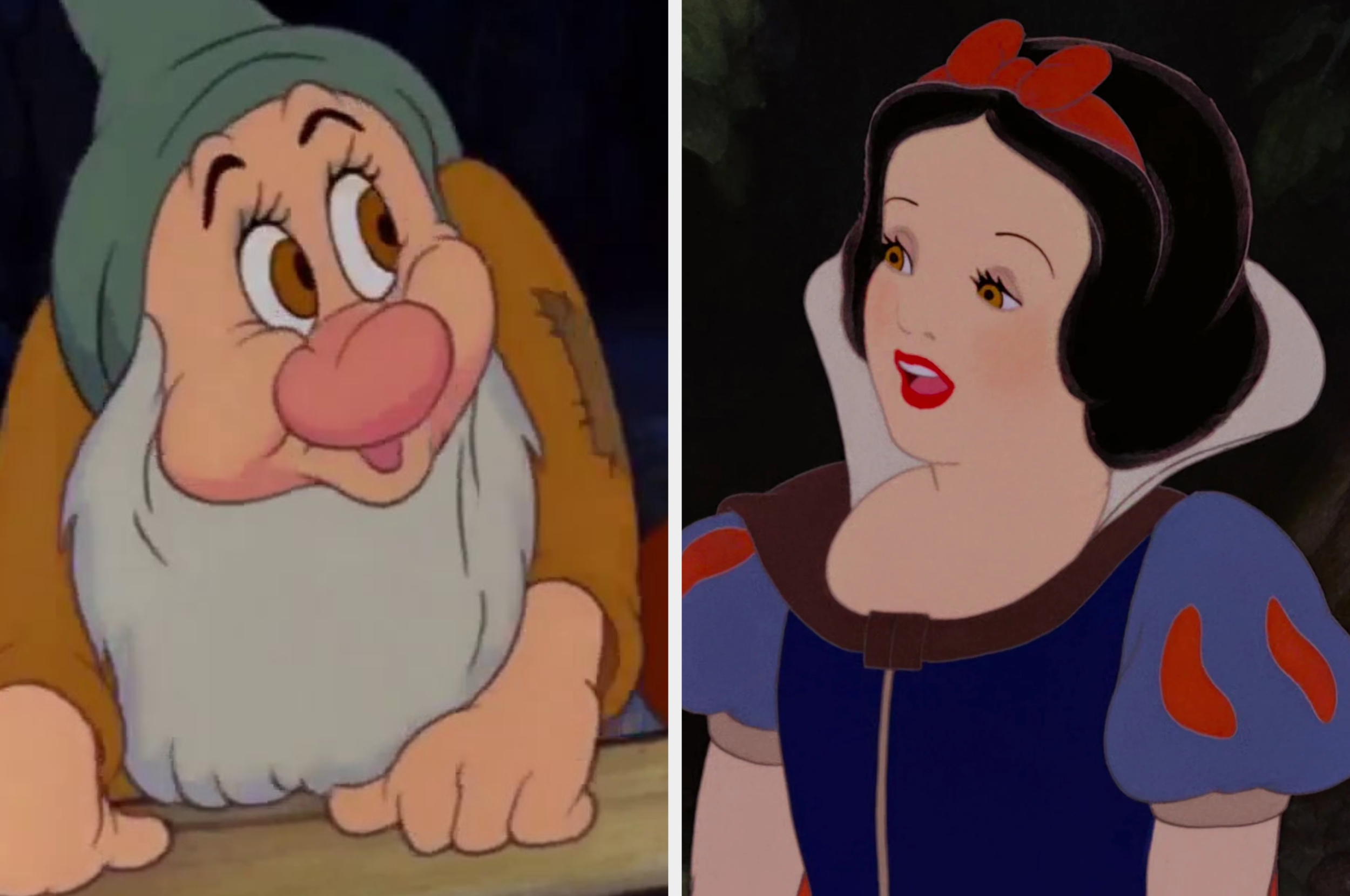 Animated characters Snow White talking to a dwarf