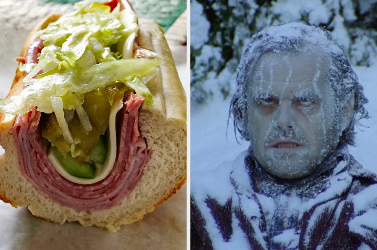 Left: Sandwich with layered meats, cheese, lettuce, and pickles. Right: Person covered in snow, appearing frozen in cold weather