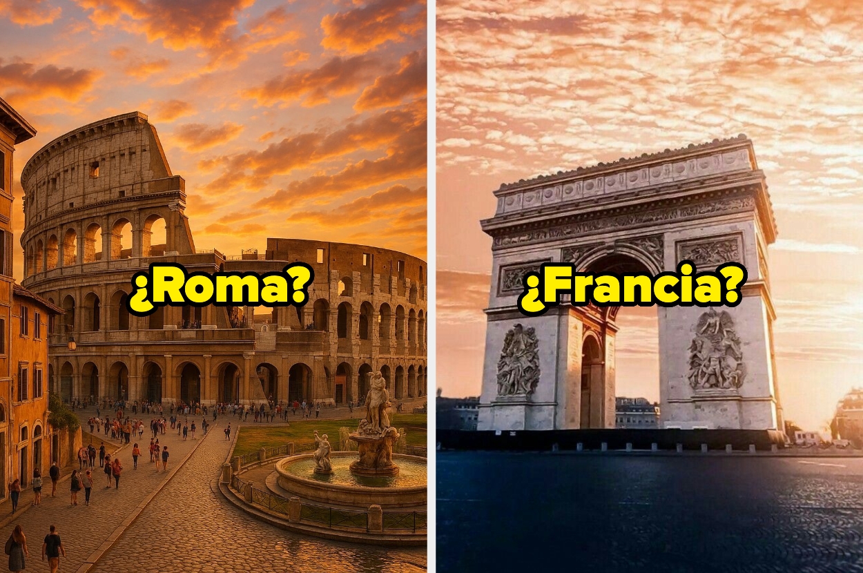 Montaje con el Coliseo romano y el Arco de Triunfo parisino, ambos con luces cálidas de atardecer y texto: "¿Roma?" y "¿Francia?"