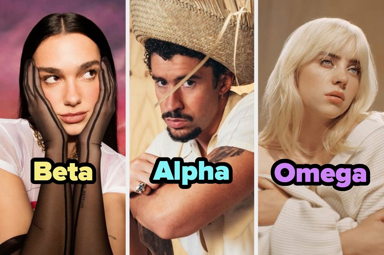Tres personas posando: una con guantes, otra con sombrero y otra con look relajado; texto sobre ellas: "Beta", "Alpha", "Omega"