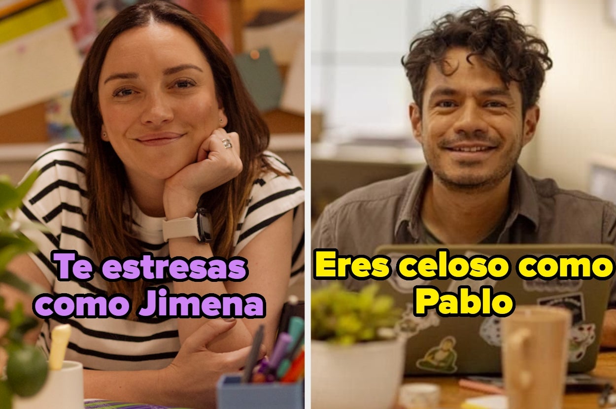 Dos imágenes lado a lado: mujer sonriente con mano en la barbilla y texto "Te estresas como Jimena", hombre sonriente con texto "Eres celoso como Pablo"