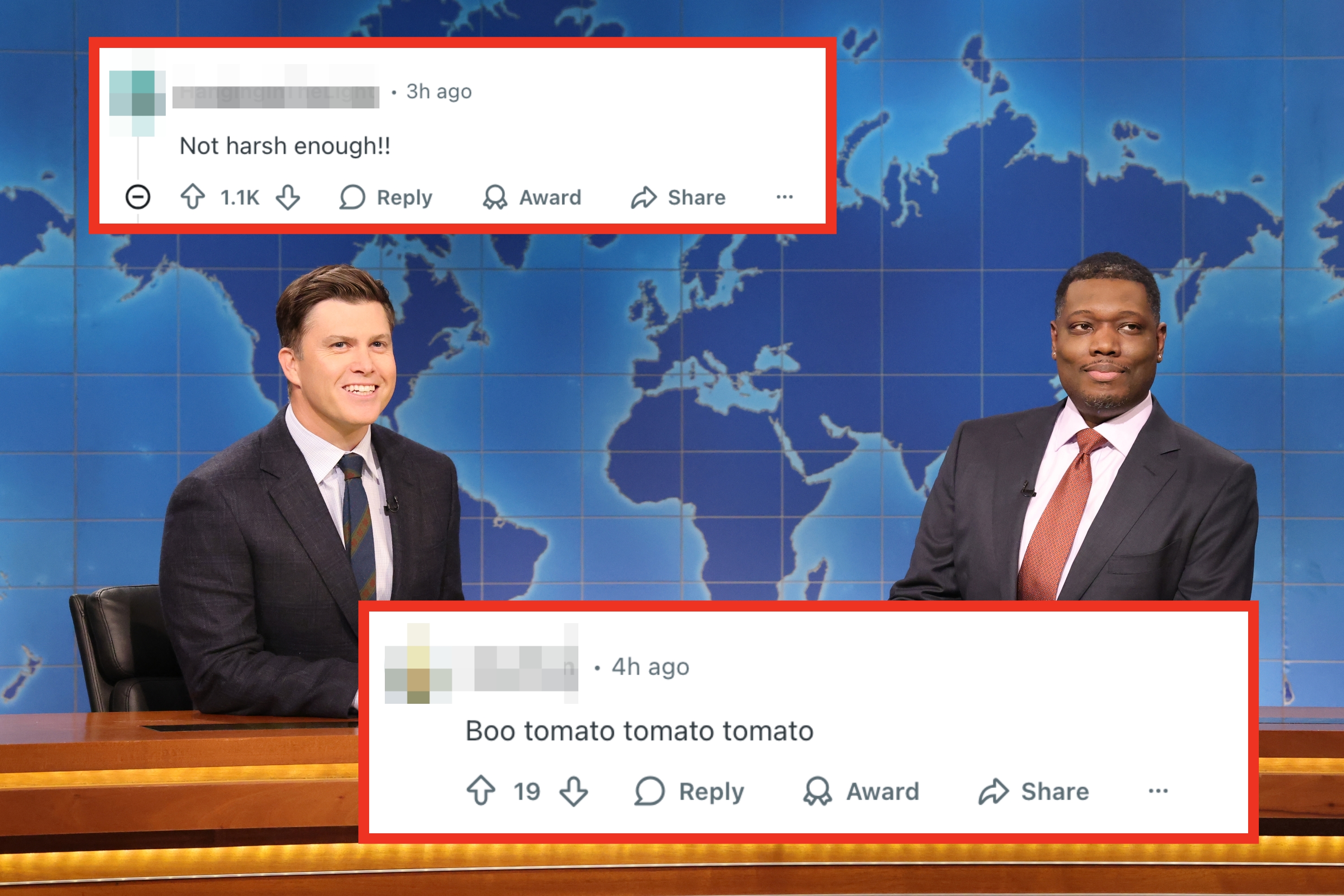 Colin Jost and Michael Che as news anchors seated at a desk in the SNL studio with a world map backdrop, wearing suits and ties