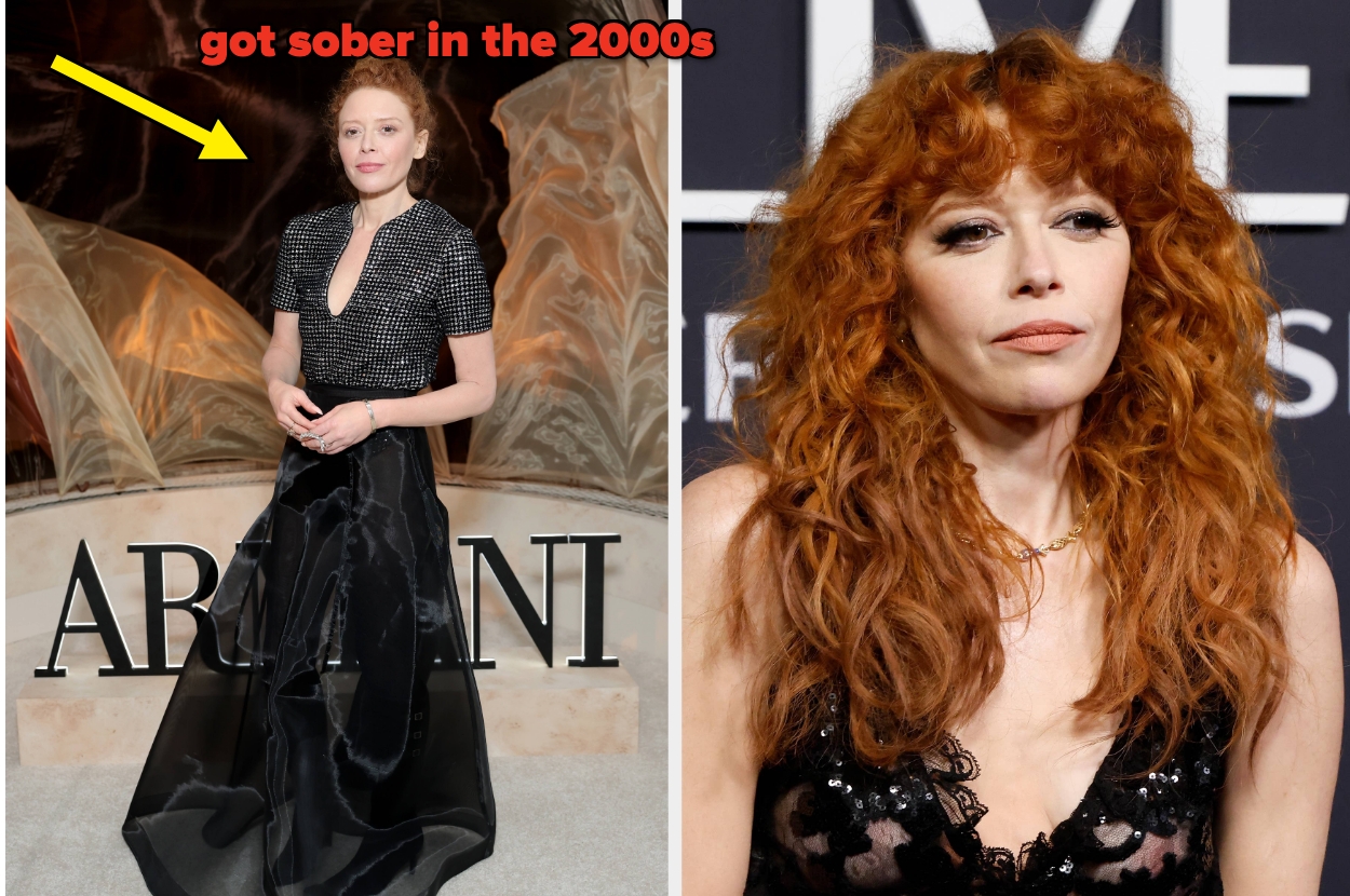 Natasha Lyonne in a gown with a sequined top stands at a fashion event vs Natasha Lyonne in a sparkly top with wild hair