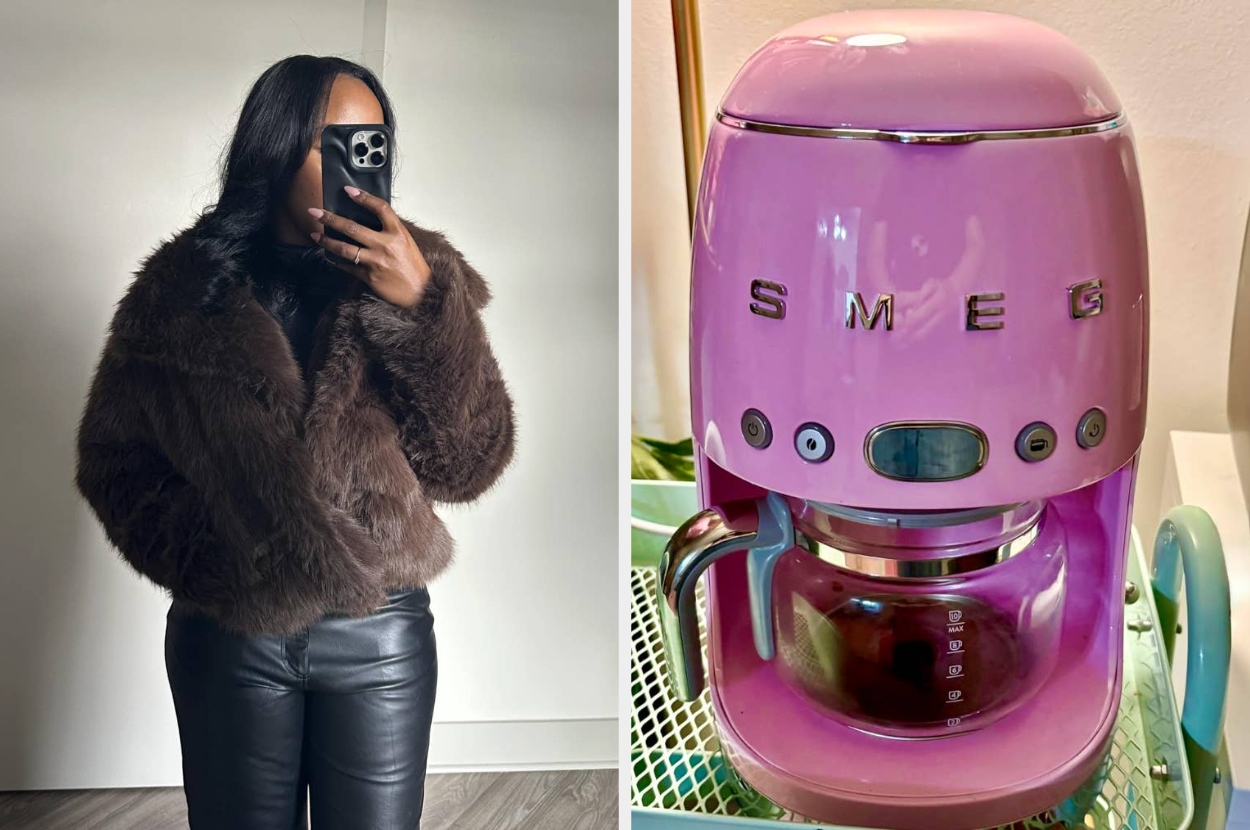 Person in a faux fur coat and leather pants takes a mirror selfie; pink SMEG coffee machine seen on a counter
