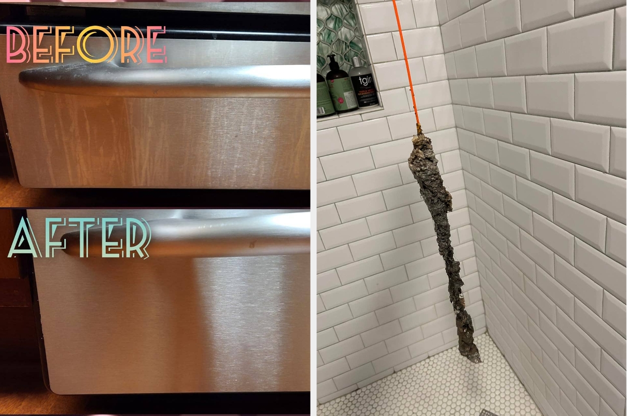 Split image: Left shows dishwasher before and after cleaning; right shows a long drain clog removed from a shower