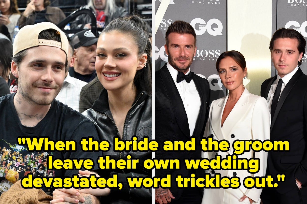 Two photo collage: Left shows a couple at an event; right shows three people in formal attire at a GQ event. Text: "When the bride and the groom..."
