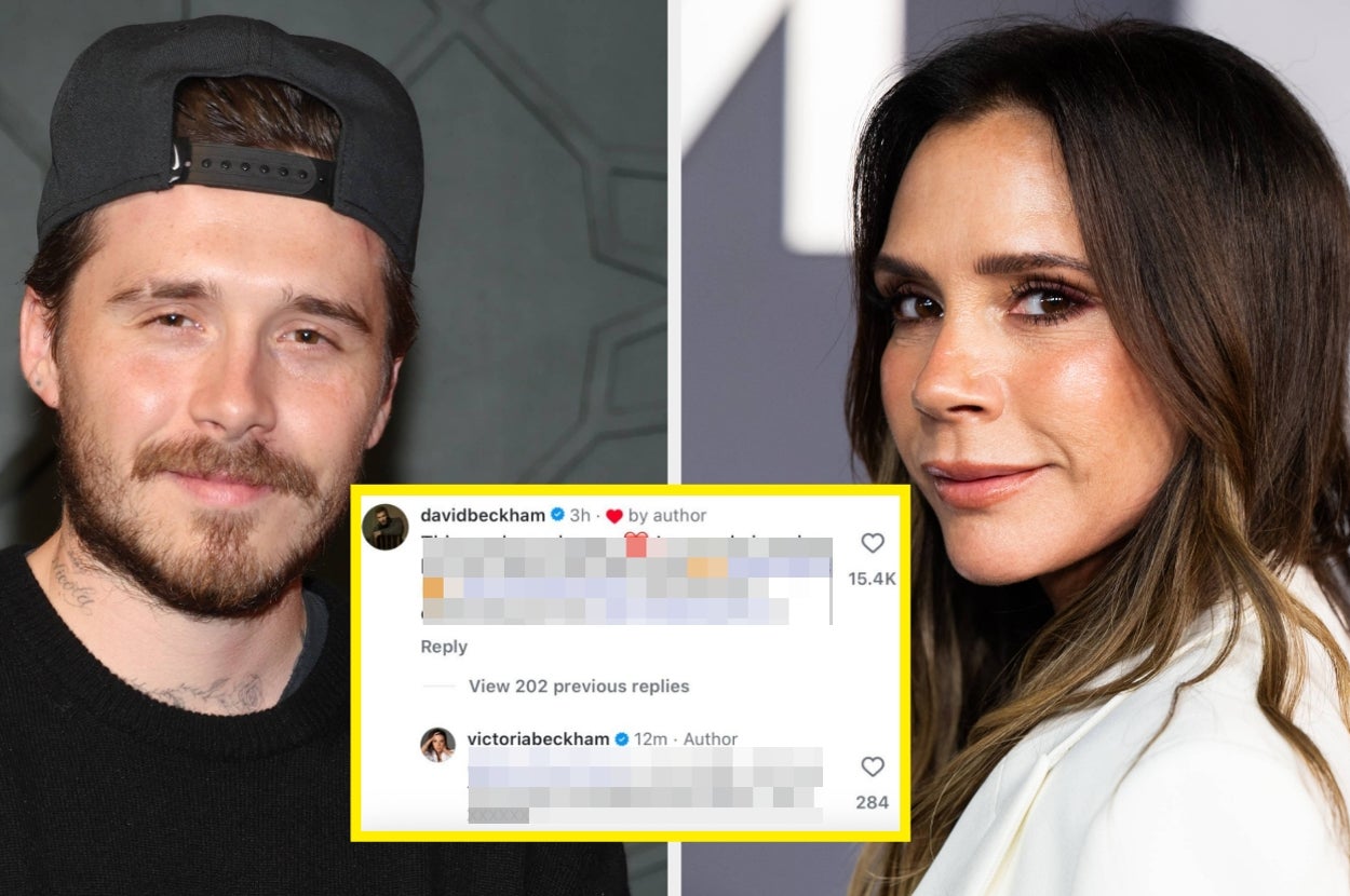 Two people are pictured side by side; one has a hat, the other is in a white blazer. An Instagram comment by one seems to reply to a post by the other